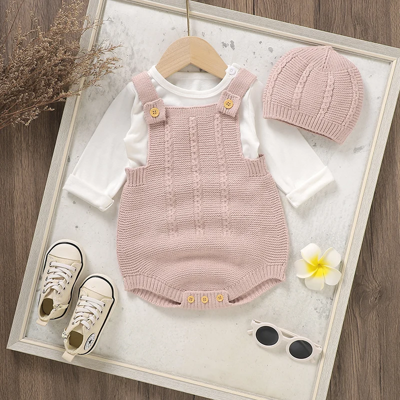 

Baby Bodysuits Knit Infant Boy Girl Jumpsuit Sleeveless Summer Newborn Kid Sling Clothes Hat Fashion Solid 0-18M 2pcs Top Romper