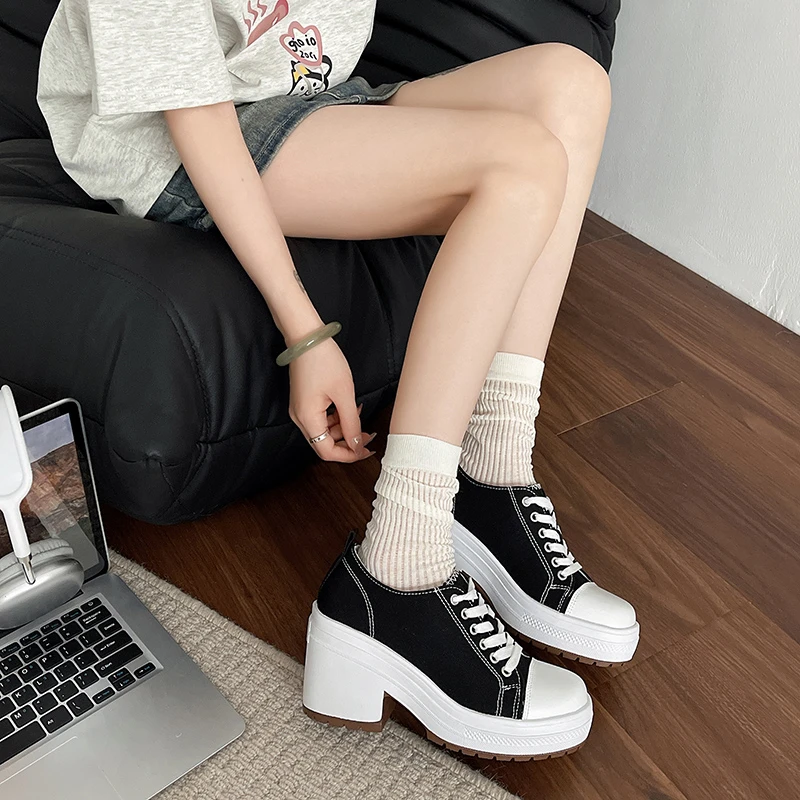 NewHotSelling FashionWomen High Heels Canvas Shoes Chunky Sneakers Platform Lace Up Autumn Dress ShoesDesigner New Walking Pumps