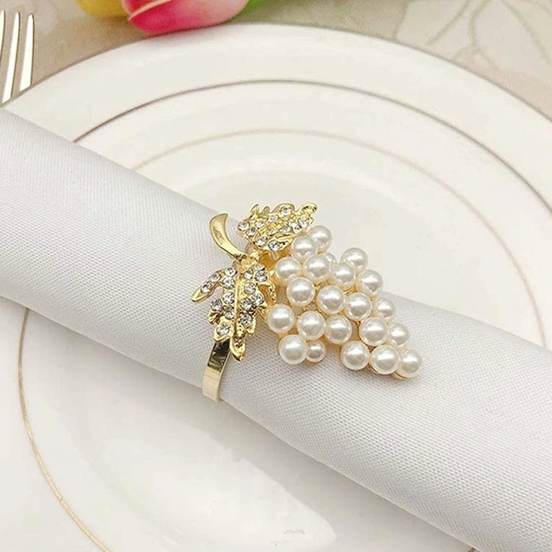 12pçs anéis de guardanapo de pérola, formato de uva dourada, fivela de guardanapo, suporte de guardanapo, festa de casamento, decoração de mesa, fivelas de guardanapo