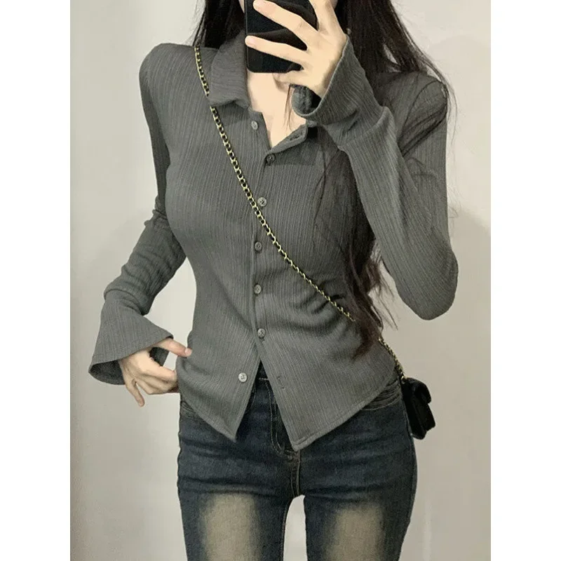 Spring Autumn New Style Pure Desire Aesthetics Slimming T-shirt Women's Polo Collar Long Sleeve Top For Smooth Sihouette