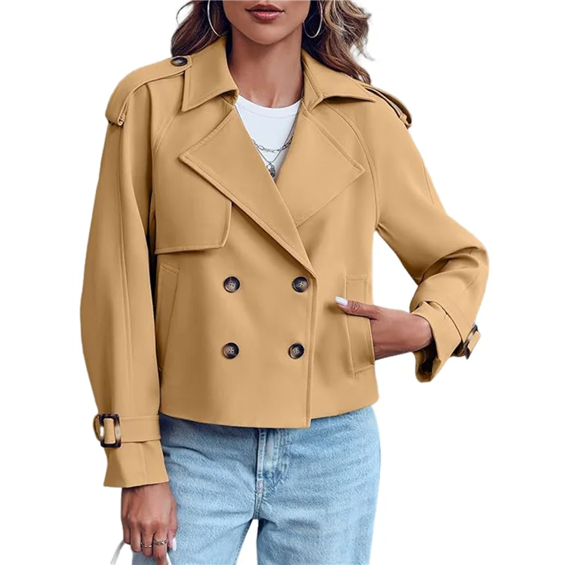 

AAAN-Women Long Sleeve Double Breasted Notched Lapel Casual Loose Fit Cropped Trench Jackets With Pockets
