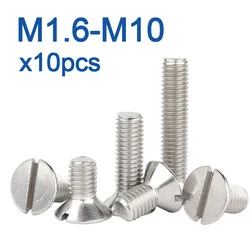 10pcs/lot Metric Threaded Slotted Flat Countersunk Head Machine Screw Bolt M1.6 M2 M2.5 M3 M4 M5 M6 M8 M10