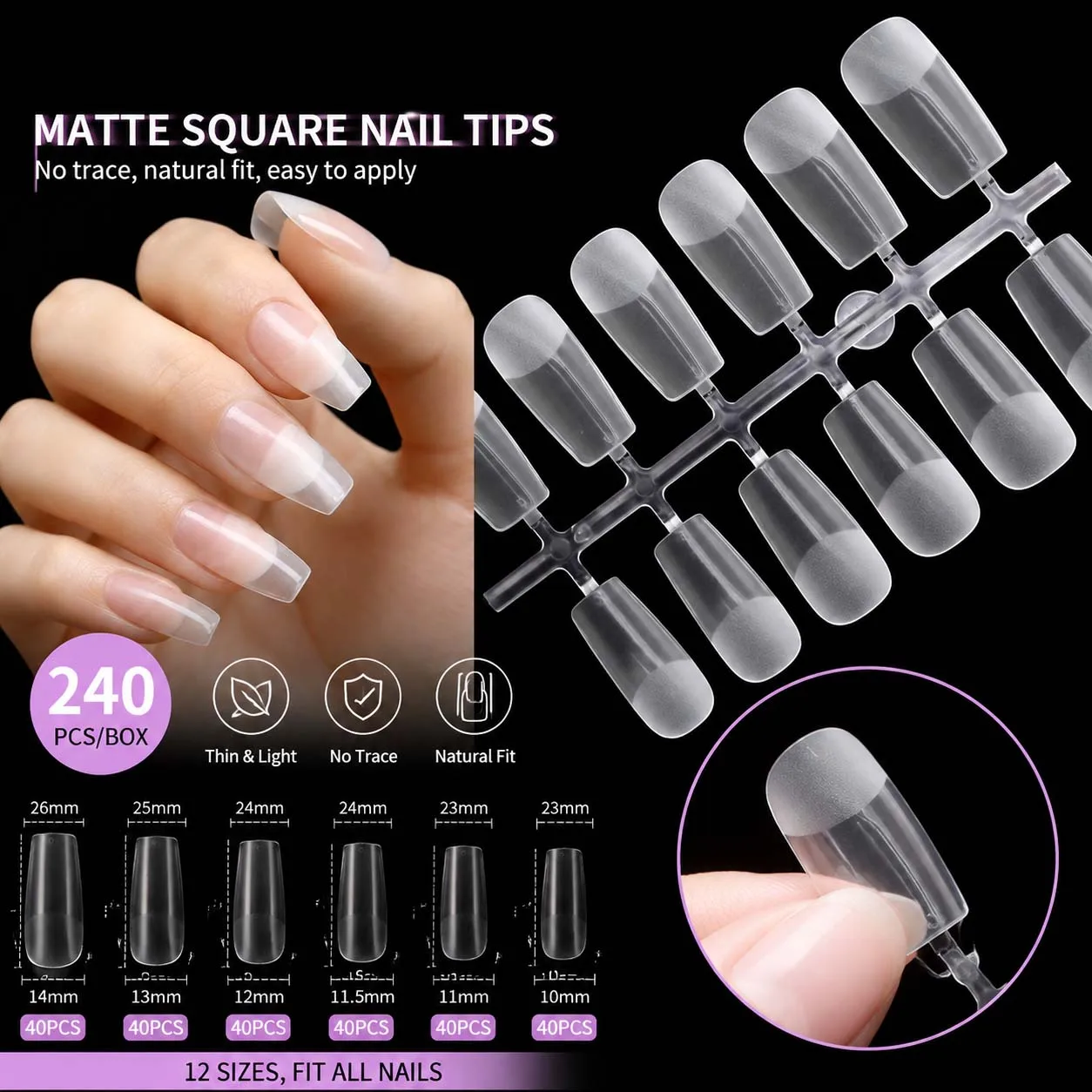 240pcs Matte Square Nail Tips Full Cover False Nails Natural Fit Clear Artificial Nails Extension Tips DIY Manicure Supplies