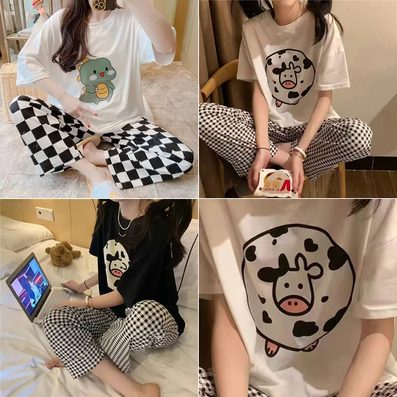 Pajamas Summer Suit Student Ins New Short-Sleeved Trousers Plaid Trousers Loose Large Size Cartoon Home Wear