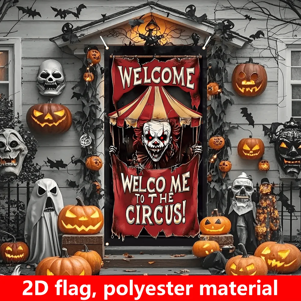 Einzelner Artikel, 2D-Flachflagge, Halloween-Veranda-Dekorationsflagge, Horror-Zirkus-Clown-Halloween-Veranda-Dekorationsflagge – Detail 2