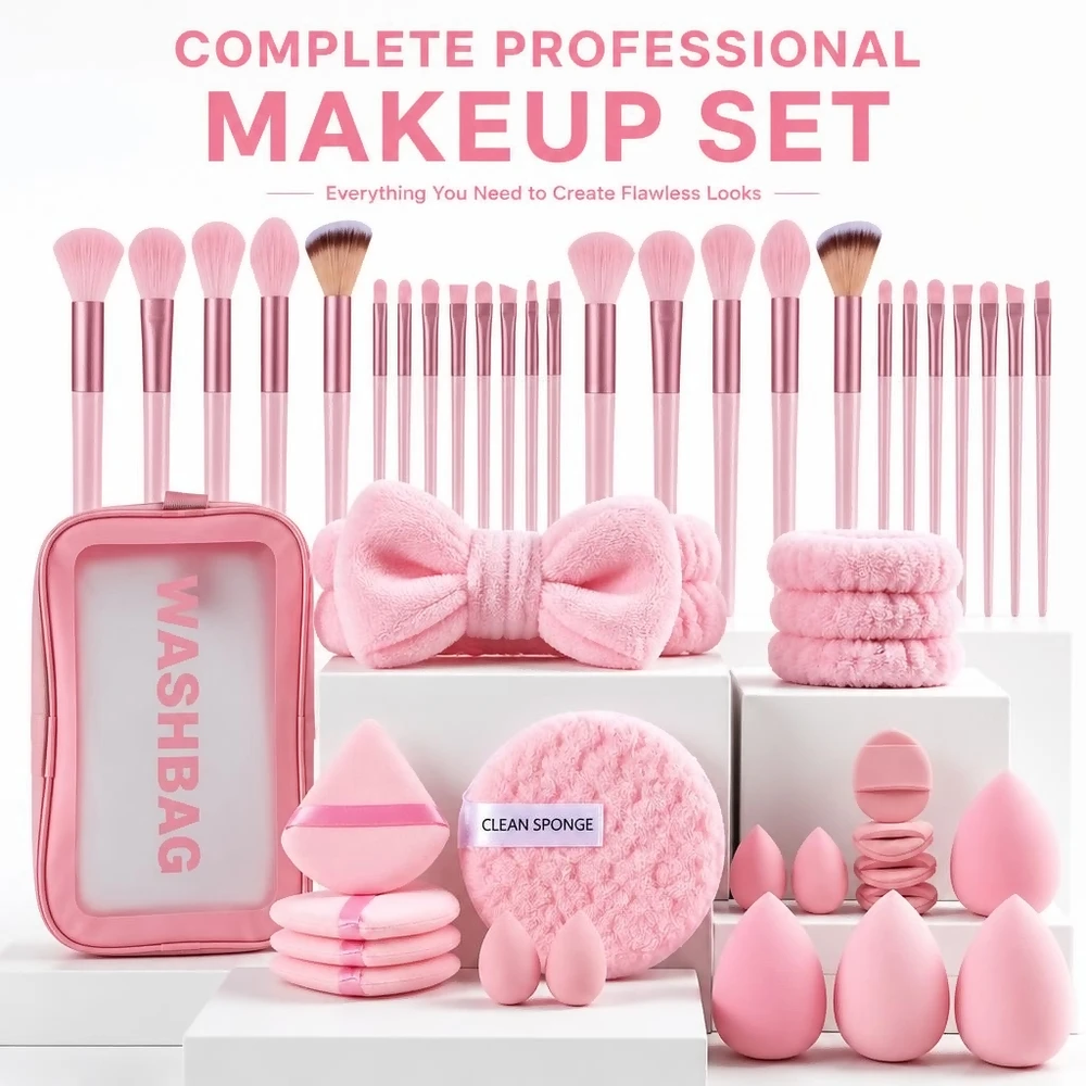 Daily Use Cosmetic Set 26 Pink Makeup Brushes 4 Triangular Sponges 1 Circle Puff 8 Blenders and Carry Case
