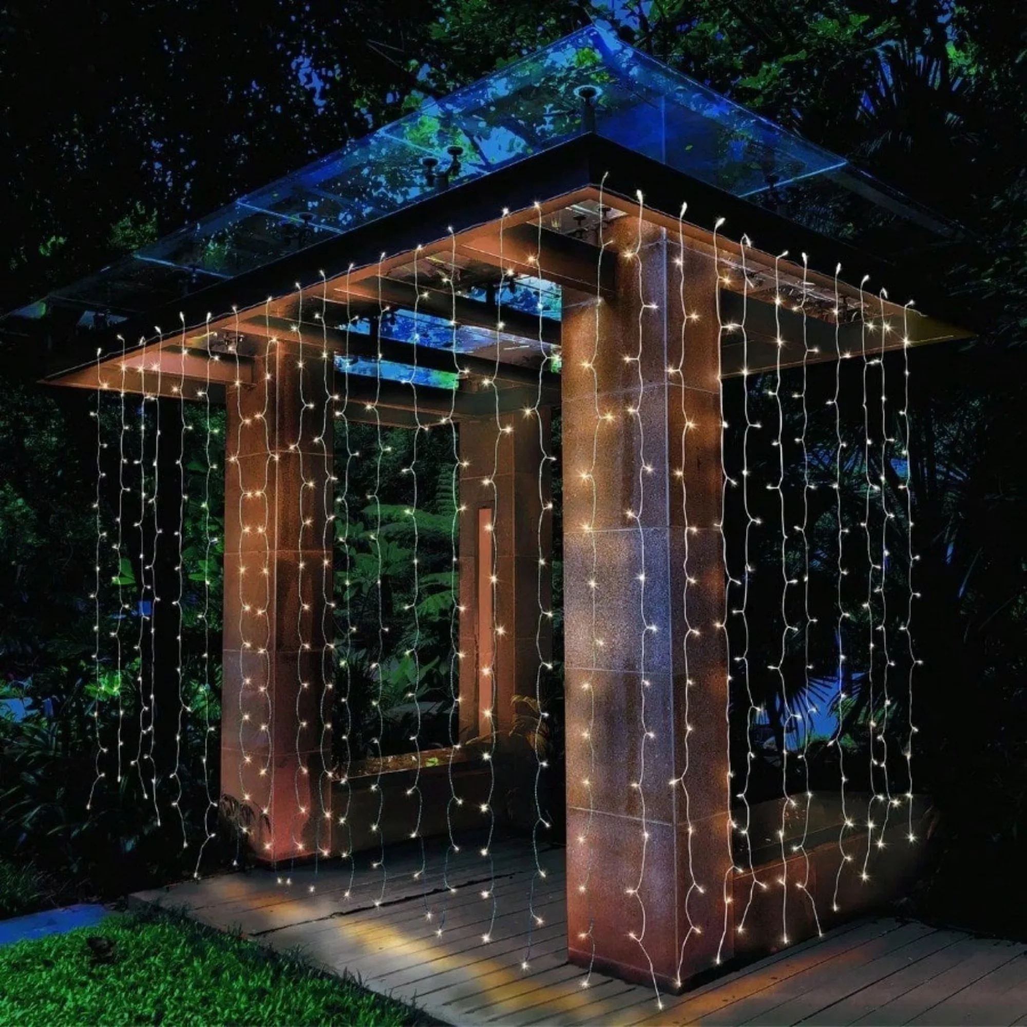 15 cordas LED cortina branca quente corda de luz externa, conector final a final Inclui 15 cordas de luz verticais