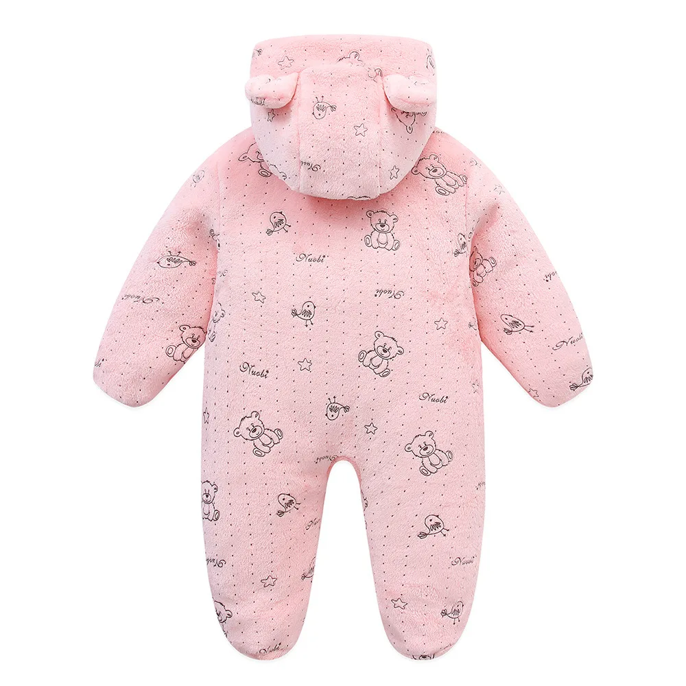 RAISE Autumn Winter Newborn Girl Romper Bear Print Flannel Hooded Infant Baby Girl Overalls 0-1Y Little Kid Boy Jumpsuit Outfits