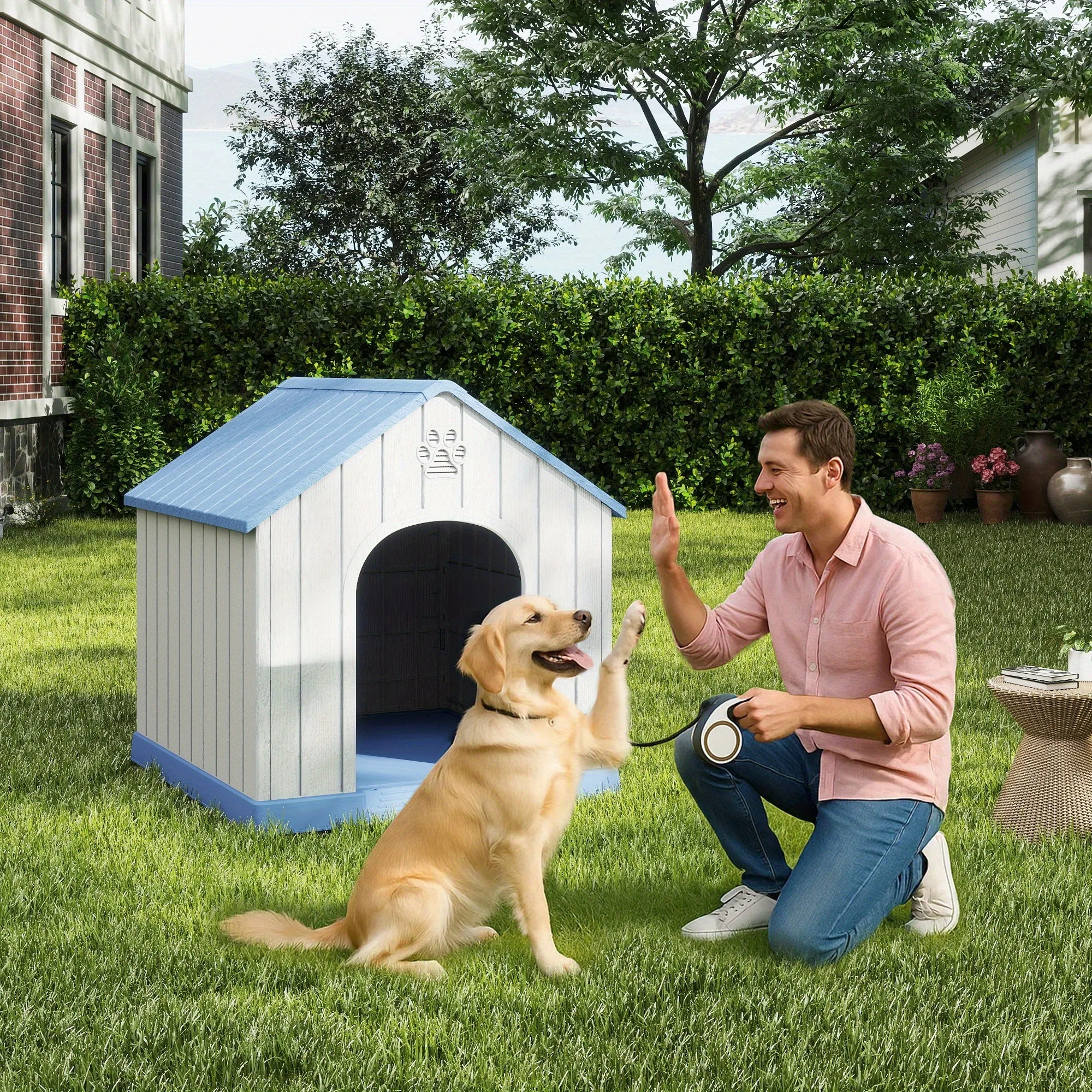 

Weatherproof Dog House Indoor Outdoor Use, Chew-Proof Ventilated Pet Kennel with Blue Shingled Roof & Window Panels, Durable Plastic Dog Shelter for Small Medium Dogs, Pet Food Storage Container,Eggshell-shaped Dog House Sold Separately