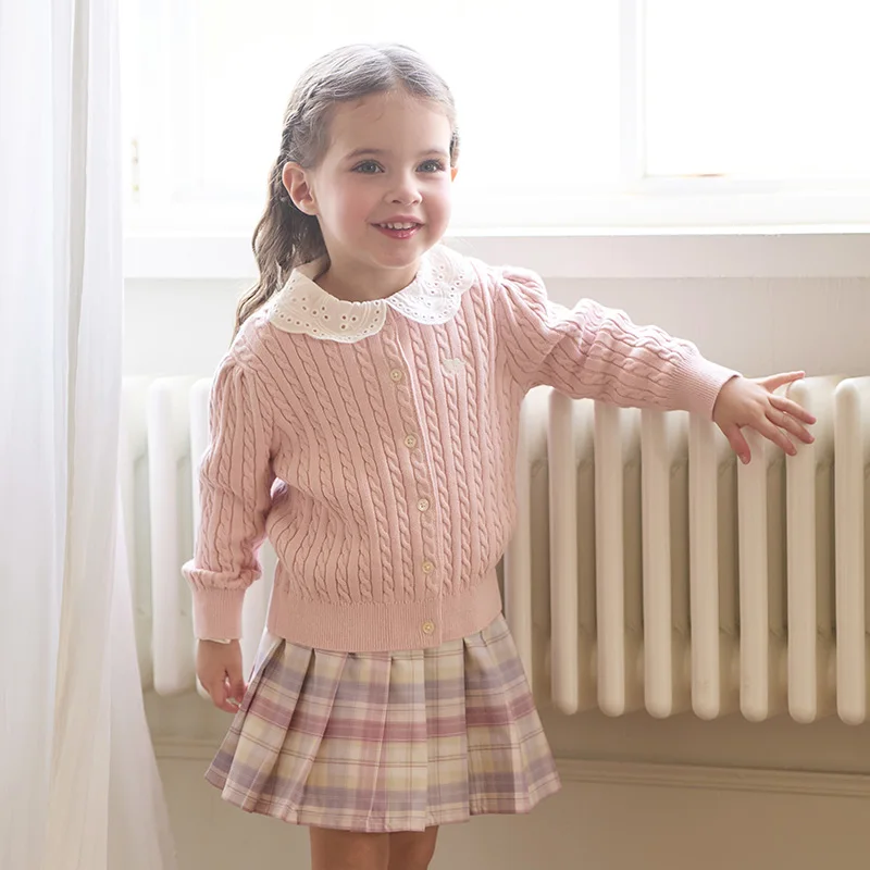 Dave Bella Cardigan Sweater Autumn Spring Girls Coat Sweet Children Pure Cotton Sweater Top Casual Elegant Gathering DB3243397-B