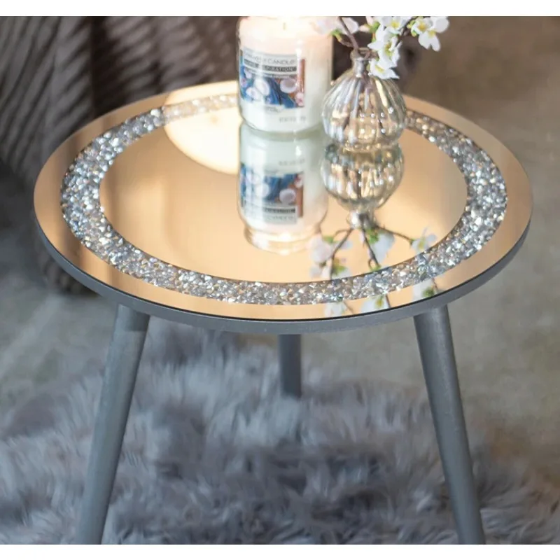 Luxury Tea Table Room Furniture Mirrored Side Table Silver Crystal Crushed Diamond Round Modern Mirrored Coffee Tables