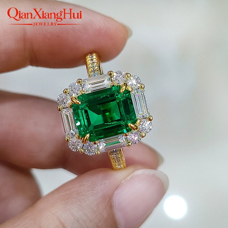 Anillo de Esmeralda Cultivada en Laboratorio con Esmeralda Verde de 8*10MM, Plata 925, Chapado en Oro Amarillo, con Moissanita Blanca, Regalo para Boda, Compromiso o Fiesta