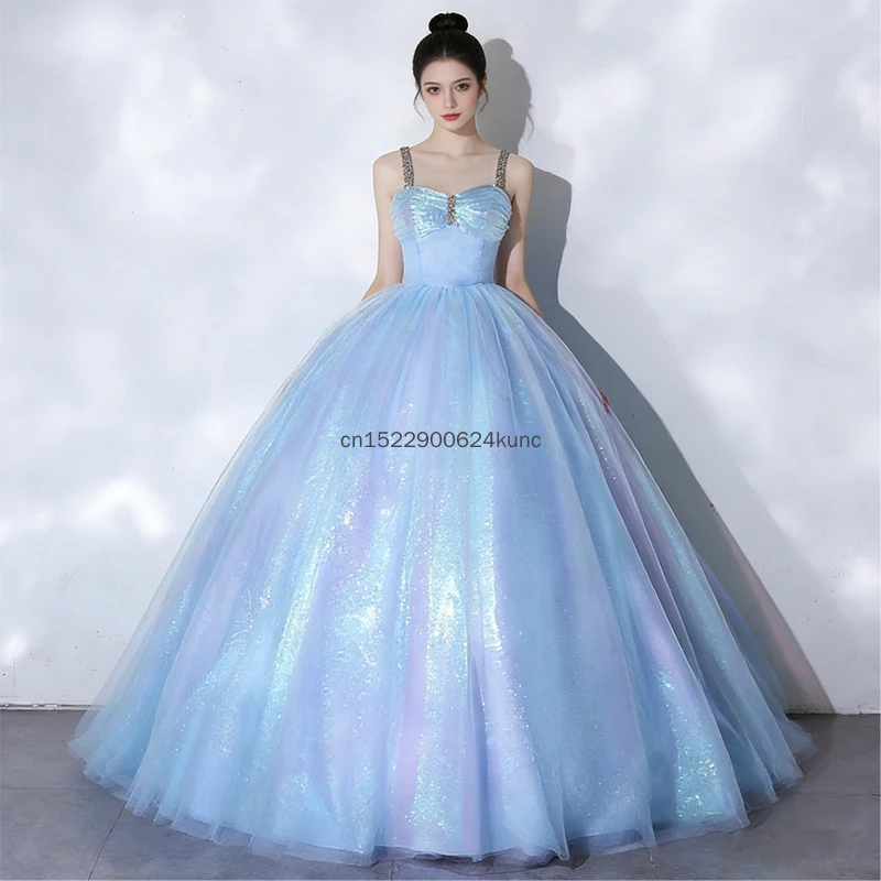 新しいマーメイドブループリンセスボールガウン女性のための甘い光沢のあるストラップAラインドレス女性ハロウィン誕生日パーティープロムイブニングドレス