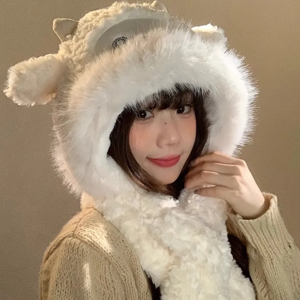 

Cute Warm Little Sheep Plush Hat Thickened Cartoon Ear Protection Hat Coldproof Ears Move Animals Beanie Hats Winter Autumn