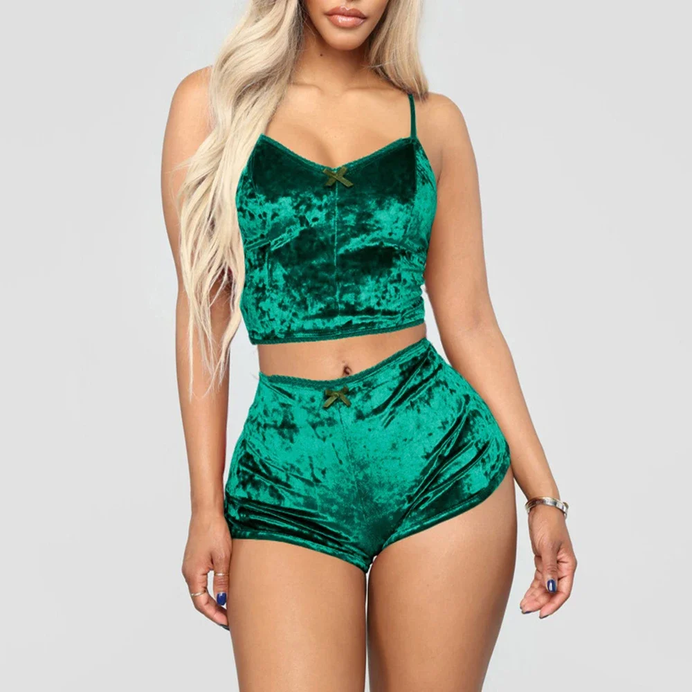 2 teile/satz Damen Samt Polyester bequeme V-Ausschnitt Unterwäsche Crop Top Shorts Pyjama Set Homewear ärmellose Top Shorts Camis – Detail 7