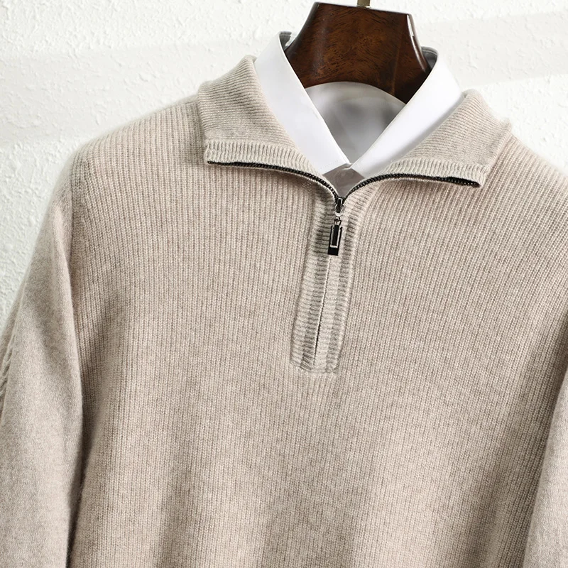 Autumn Winter New Men's 100% Cashmere Lapel Pullover Sweater Casual Business Long Sleeved Knitted Base Sweater Loose Menswear