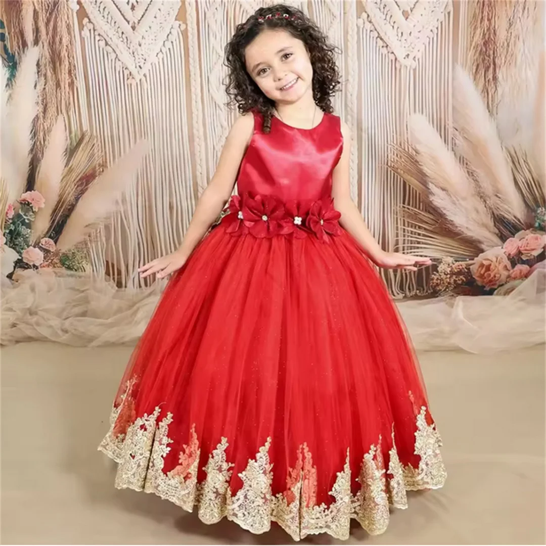 robe-de-demoiselle-d'honneur-rouge-personnalisee-avec-des-appliques-florales-dorees-avec-nœud-sans-manches-pour-mariage-anniversaire-bal-banquet-robe-de-sainte-communion