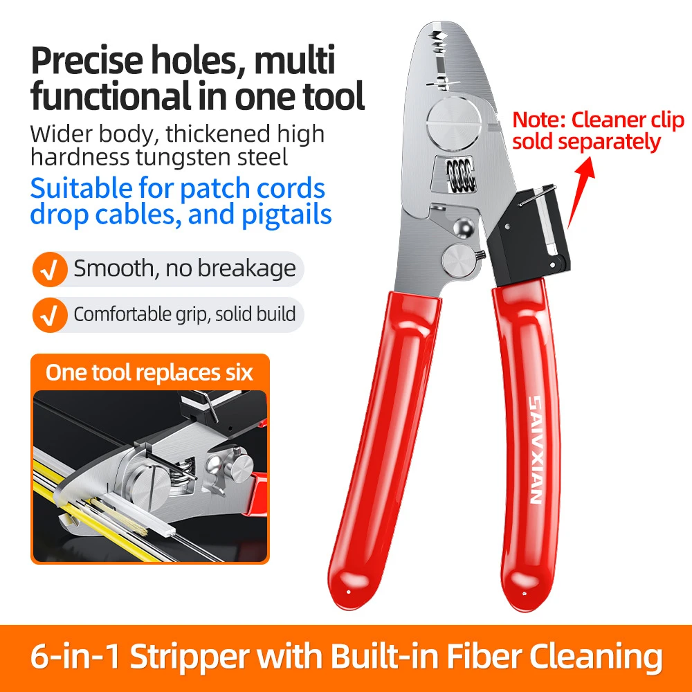 6-in-1 Multi-functional Fiber Optic Pliers Integrated Cleaning & Stripping Tool High Carbon Stainless Steel Kevlar Design