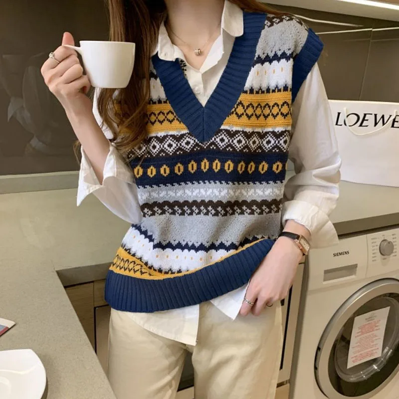 Xpqbb Y2K Aesthetic Vintage Sweater Vest Women 2025 New Loose Knitted Waistcoat Female Printed Sleeveless Pullover Outerwear