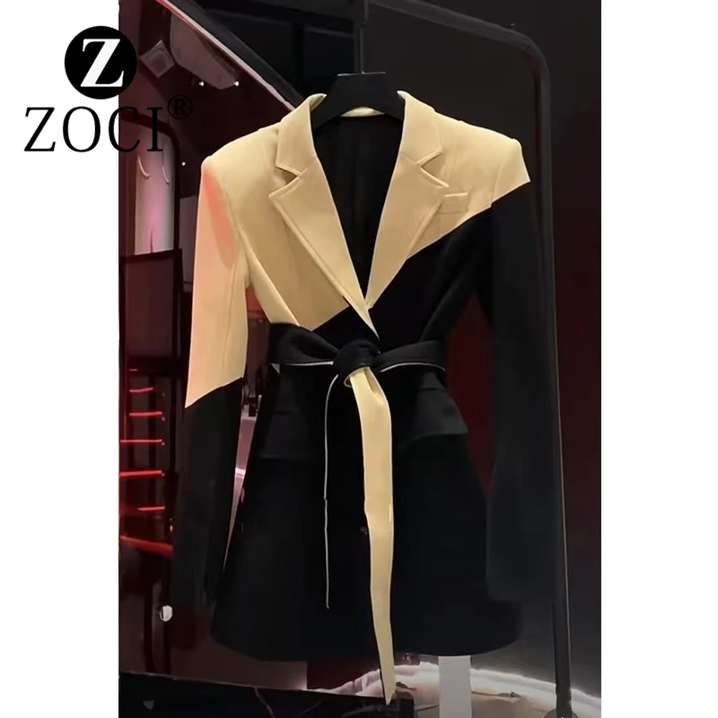 [ZOCI] French High-level Color Blocking Tie Up Suit Coat 2024 Autumn Winter New Design Sense Casual Fried Street Top