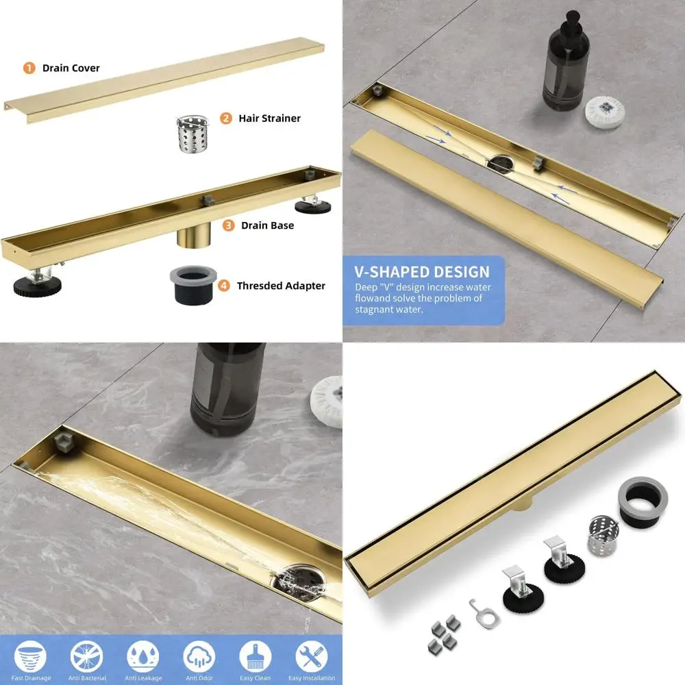 

18 Brushed Gold 304 Stainless Steel Shower Drain with Tile Insert and Hair Catcher