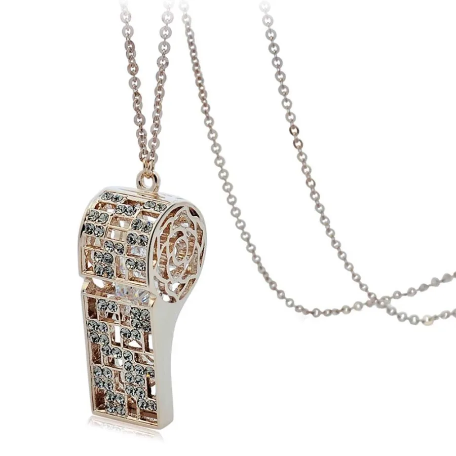 

Hollow Rhinestone Whistle Pendant Necklace Stainless Steel for Elegant Womens; Gold
