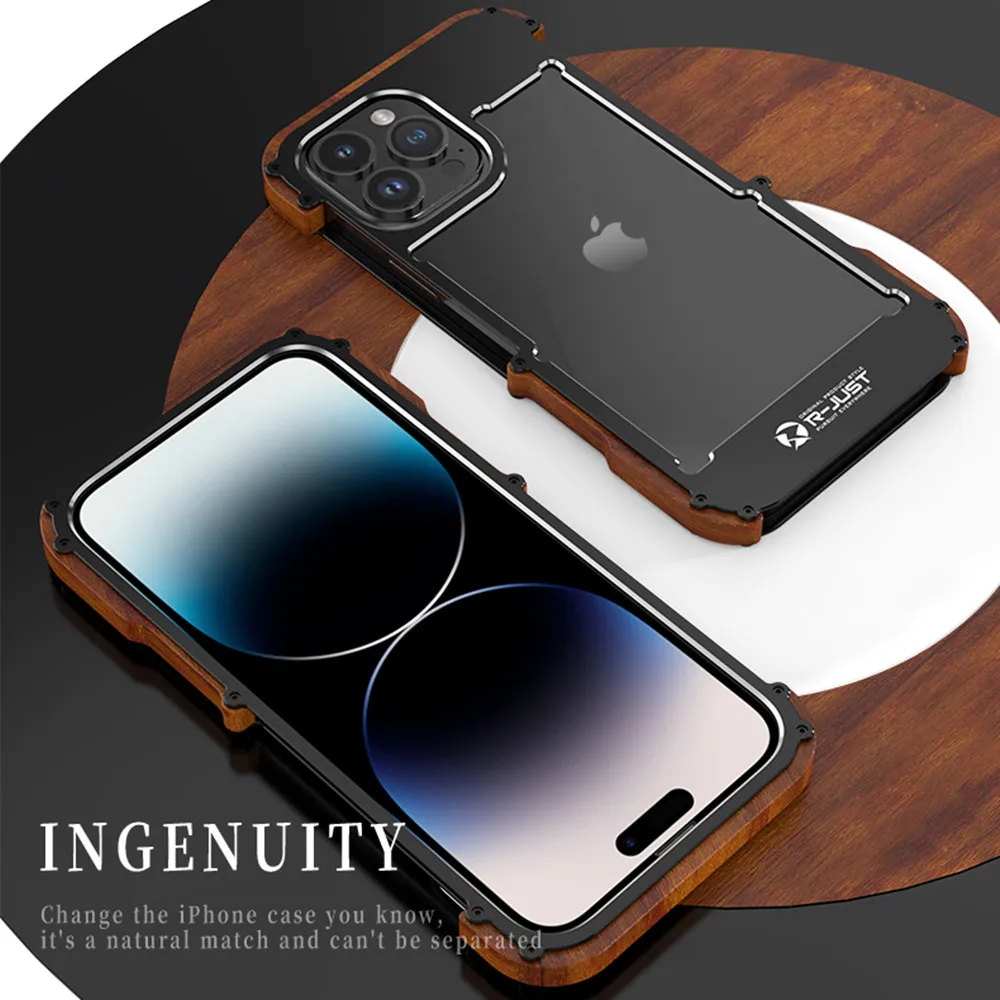 Iron Wood Case for iPhone 14 Pro Max 15 Pro 13 12 11 XS Max XR X Aviation Aluminum Alloy Bumper Metal Cover for iPhone 13 Mini