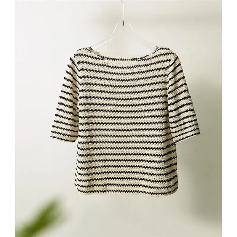 Fashion Slash Neck All-match Knitted Striped Blouse Women\'s Clothing 2023 Spring New Casual Pullovers Half Sleeve Korean Shirt