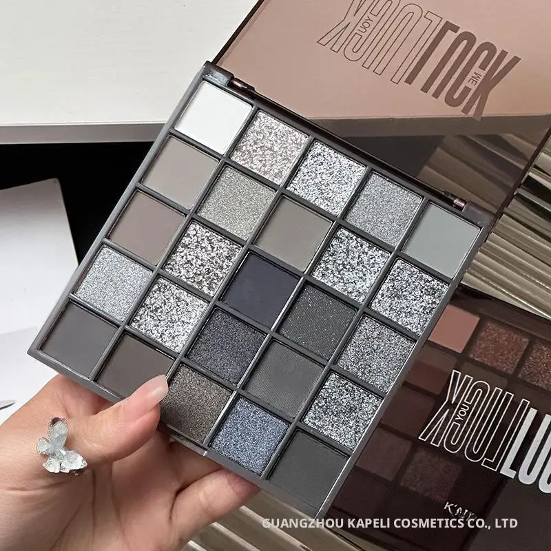 لوحة ظلال عيون مكونة من 25 لونًا، مكياج سموكي باللون الرمادي والوردي، مكياج تفتيح دودة القز غير اللامعة