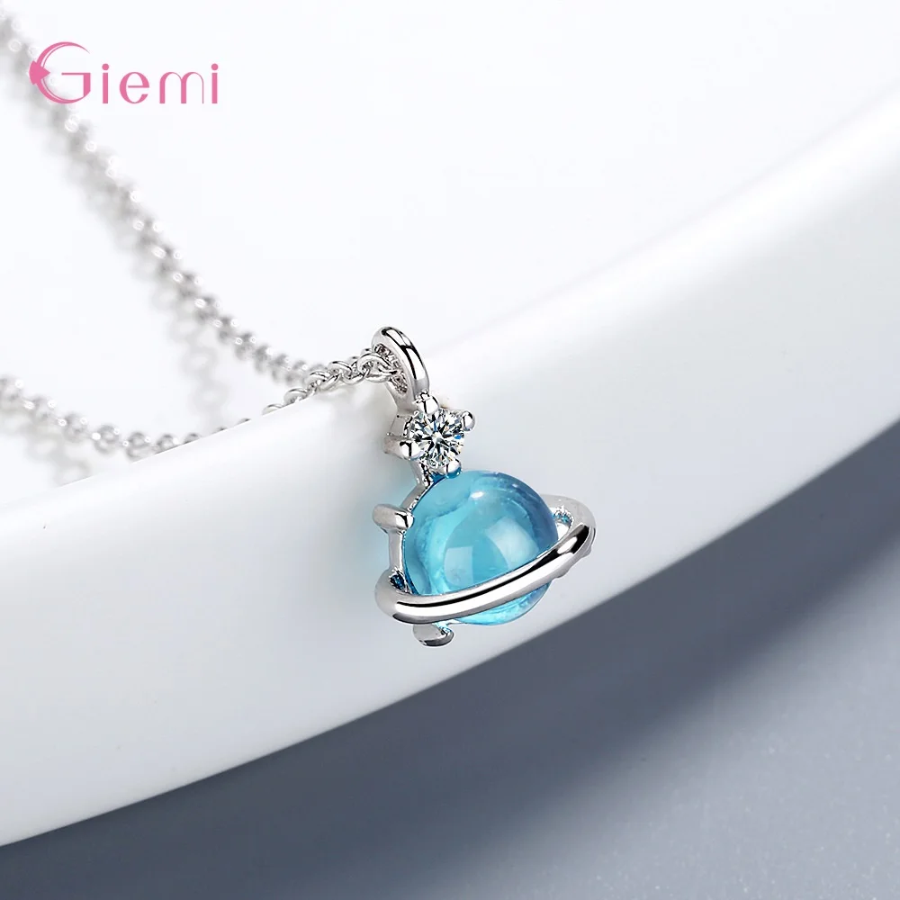 Exquisite 925 Sterling Silver Blue Planet Cubic Zircon Crystal Pendant Necklaces For Women Girls Party Fashion Jewelry Gifts