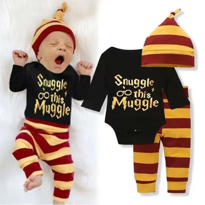 طقم مكون من ثلاث قطع من بدلة Baby Harried Potter Series Magic Baby باللونين الأسود والأحمر بأكمام قصيرة مع هدية للأطفال بأحرف ذهبية