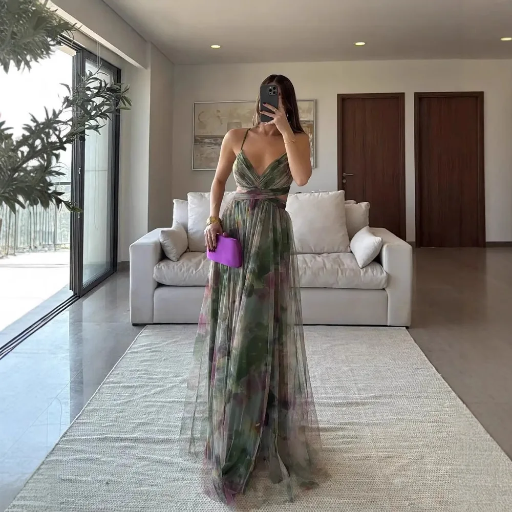 

Sexy Hollow Out Party Dress, Women Summer Loungewear Fashion Printing Maxi Dress, Sleeveless Lace-Up Ladies Dress Vestido