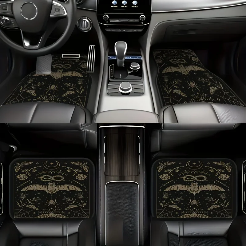 Fit For All Vehicles - Black & Golden Gothic Bat Design Floor Mats, Durable Polyester Non-Slip Cargo Liners With Intricate Flora