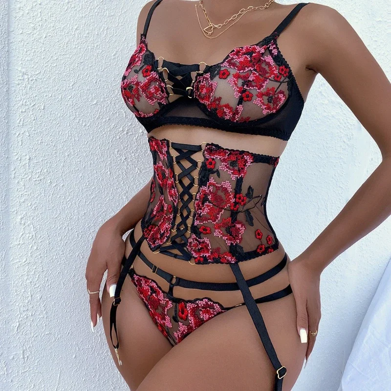 

Sexy Lingerie Set Black Gauze Embroidered Sexy Women's Three-point Shapeing Vest Three-piece Sexy Underwear Set Women's Corset