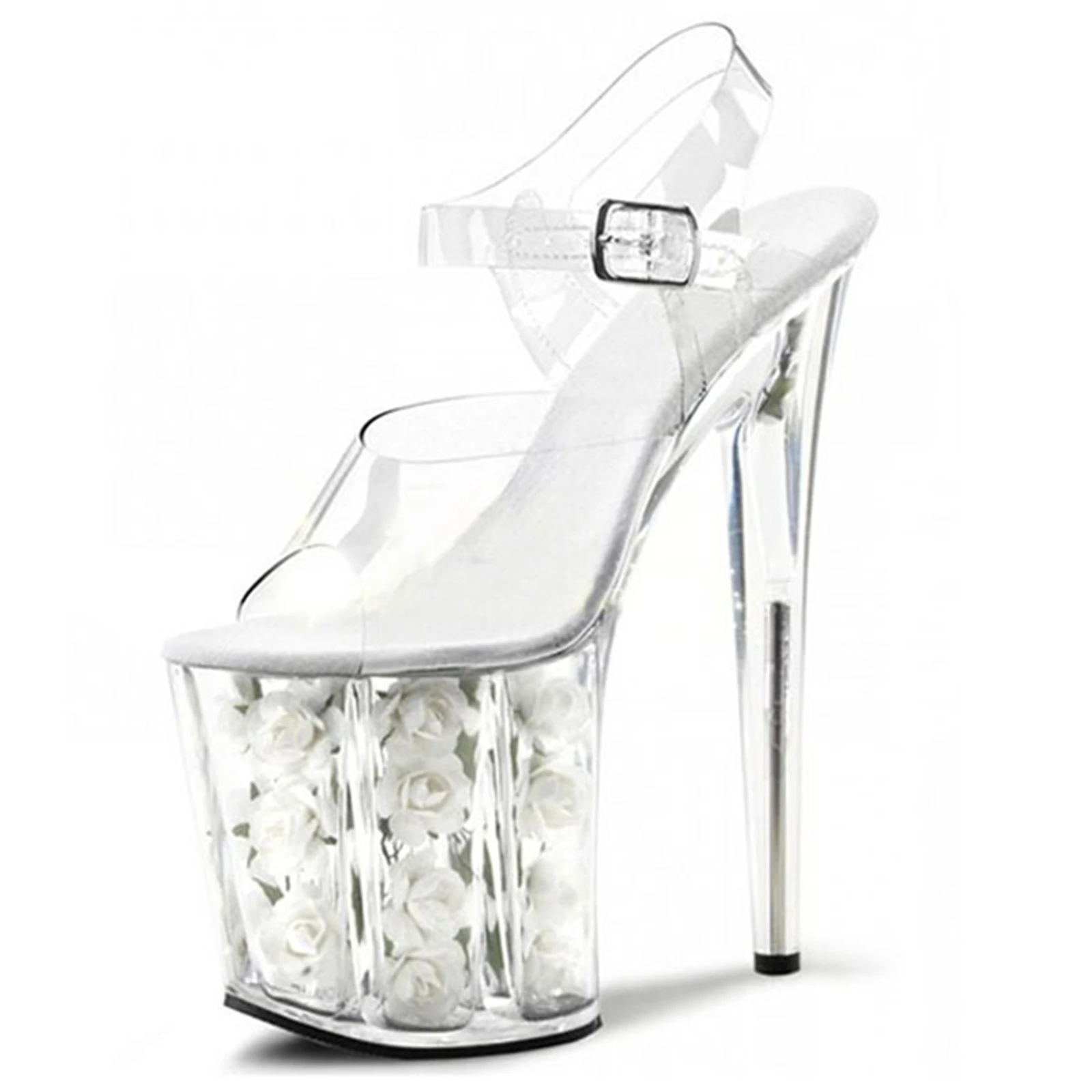 20CM Crystal Heel Wedding Shoes, Transparent Platform Sandals with Red Lining & Floral Embellishment, Elegant Bridal Heels for H