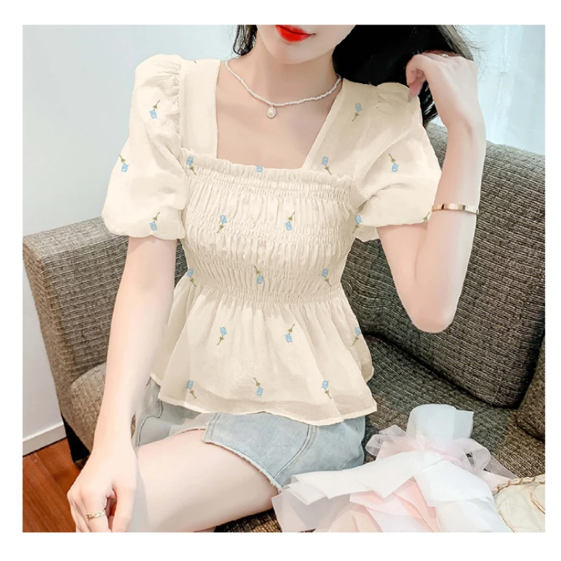 All-match Flower Printing Square Collar Shirring Chiffon Summer Pullover Puff Short Sleeve T-shirt Casual Women\'s Clothing Tops