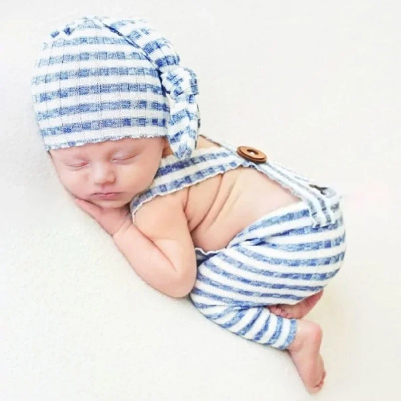 

Baby Boys Striped Button Backband Pants with Long Tailed Hat Two Pieces Set Newborns Photography Clothing Outfits