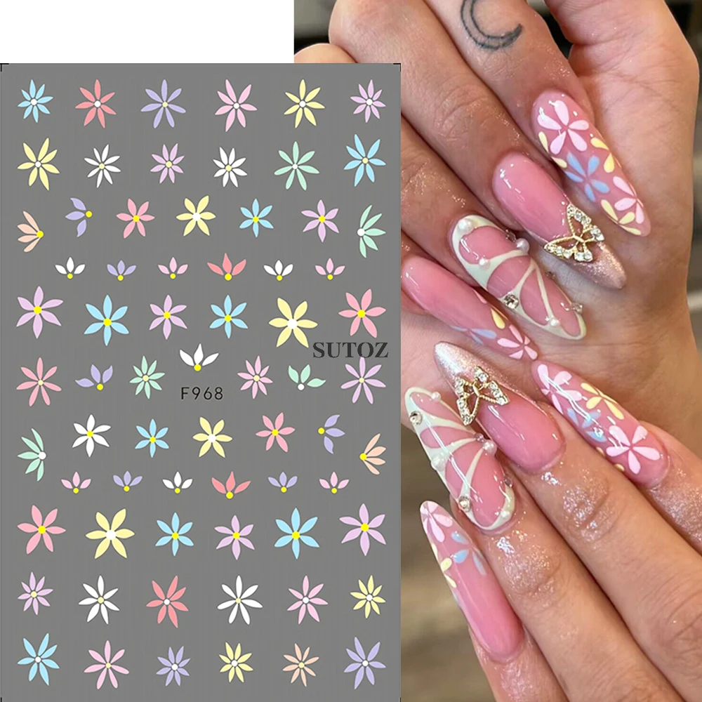 3D Colorful Flowers Nail Stickers Summer Florals Leaf Daisy Lavender  Sliders For Nails Pink Purple Petal Manicure Wraps NLF968