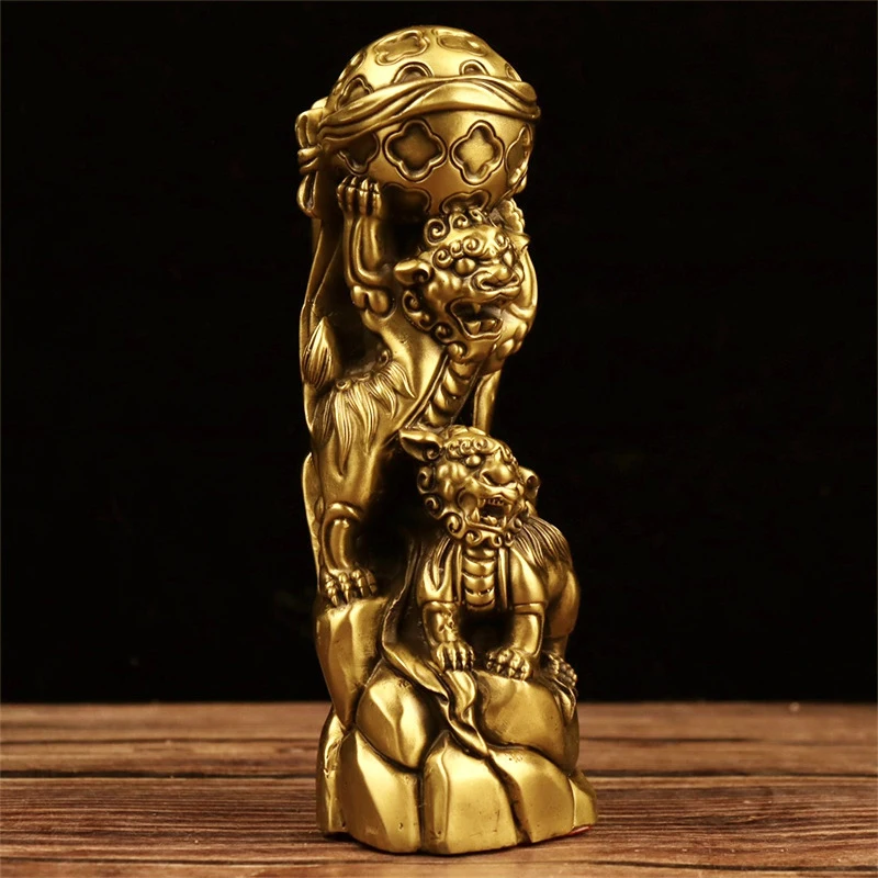 Brass Playing with Ball Ornament, Double Lion Bronze Craft Decoration, Home Store Company Opening Gift