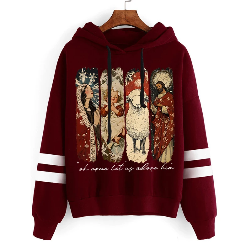 

Vintage Style Jesus Christmas Women Hoodie "Oh Come Let Us Adore Him" Nativity Scene Hoody Long Sleeve Fashion Xmas Sweatshirt