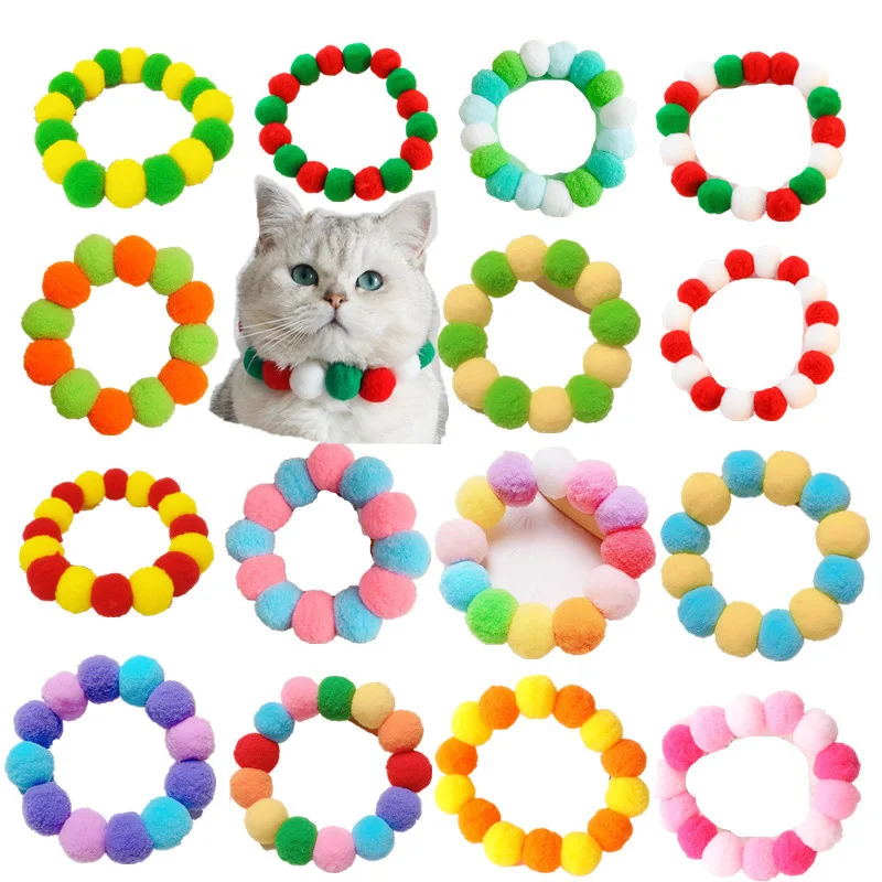 Christmas Cute Dog Cat Plush Ball Necklace Soft Elasticity Collar Pet Neck Accessories Pompom Ball Necklace Gift for Puppy Kitty