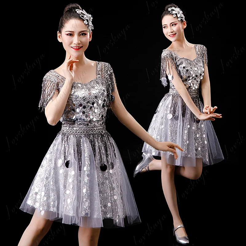 Traje de performance feminino com franjas de lantejoulas para jazz cheerleading dança quadrada saias inchadas