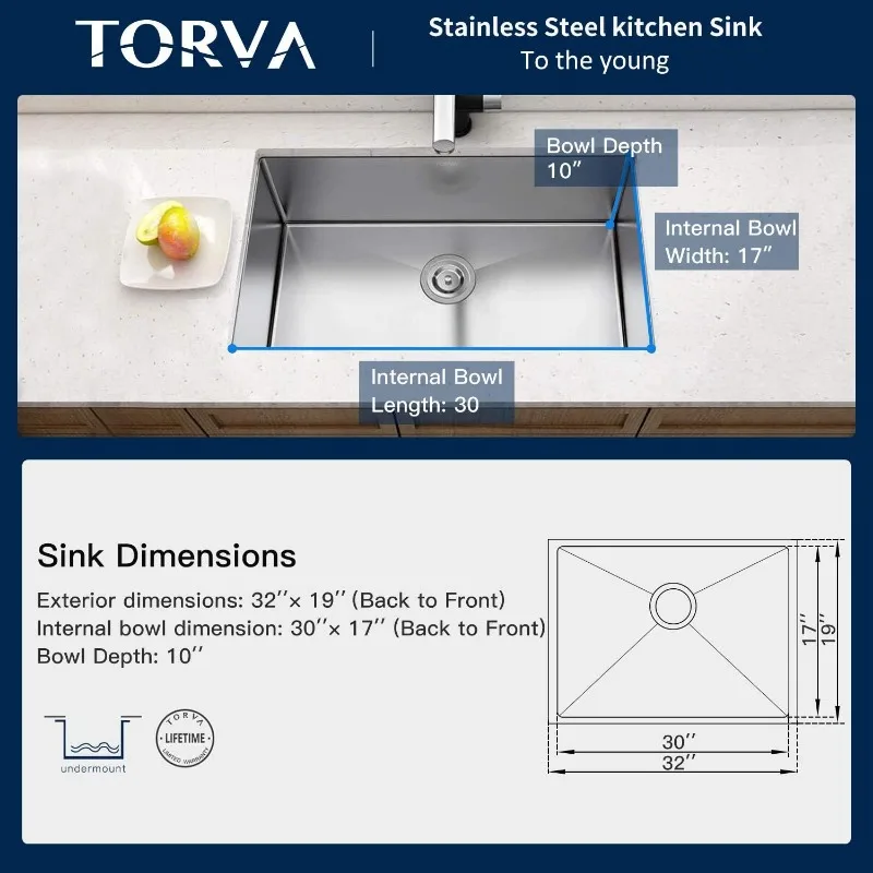 TORVA Fregadero de cocina bajo montaje de 32 pulgadas, fregadero de barra de acero inoxidable 304 premium - Fregadero de un solo cuenco con lavabo profundo de 10 pulgadas