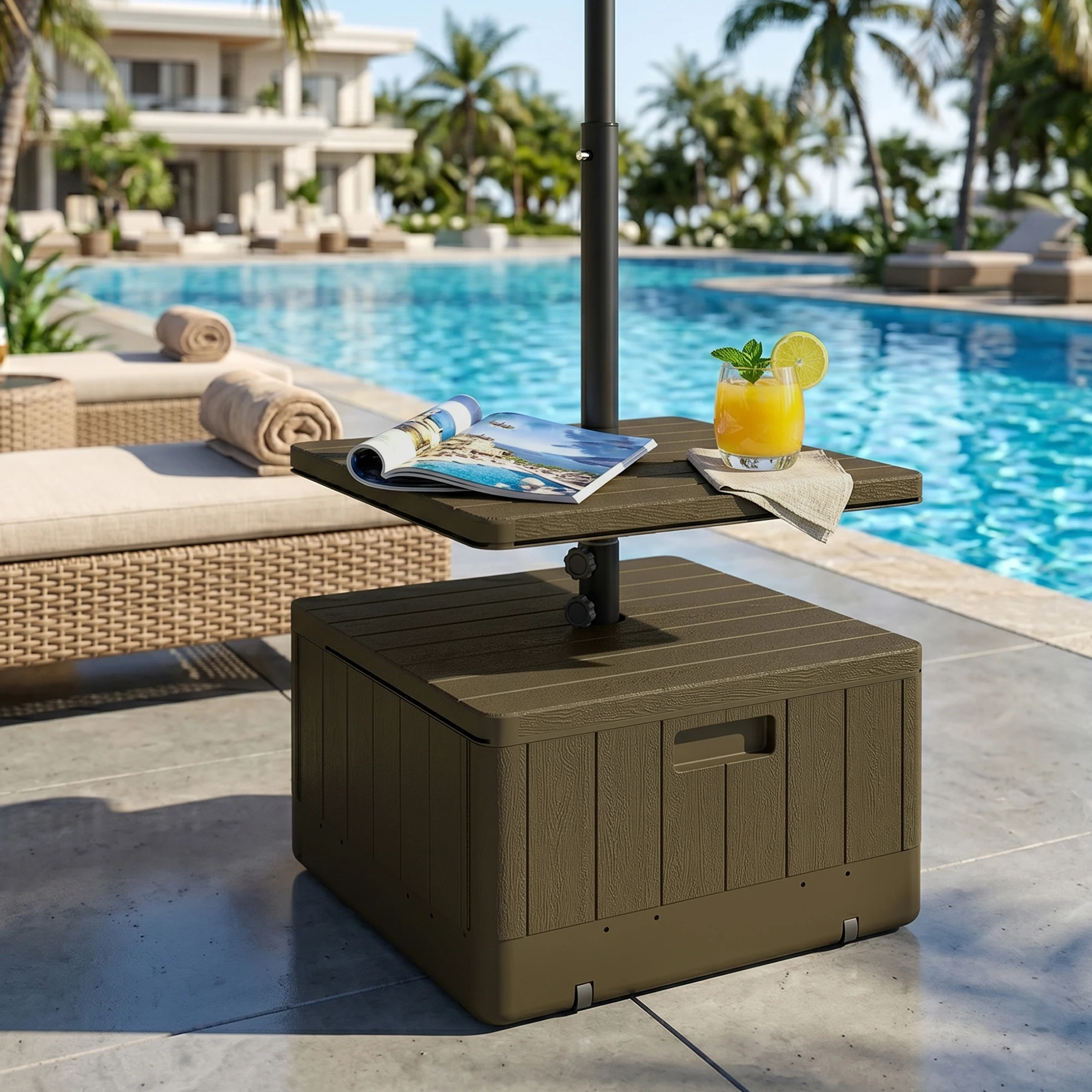 Patio Umbrella Base with Table Tray, Heavy Duty Weighted Umbrella Stand， Wheels Handles, 176lbs，Stand Filling, Brown