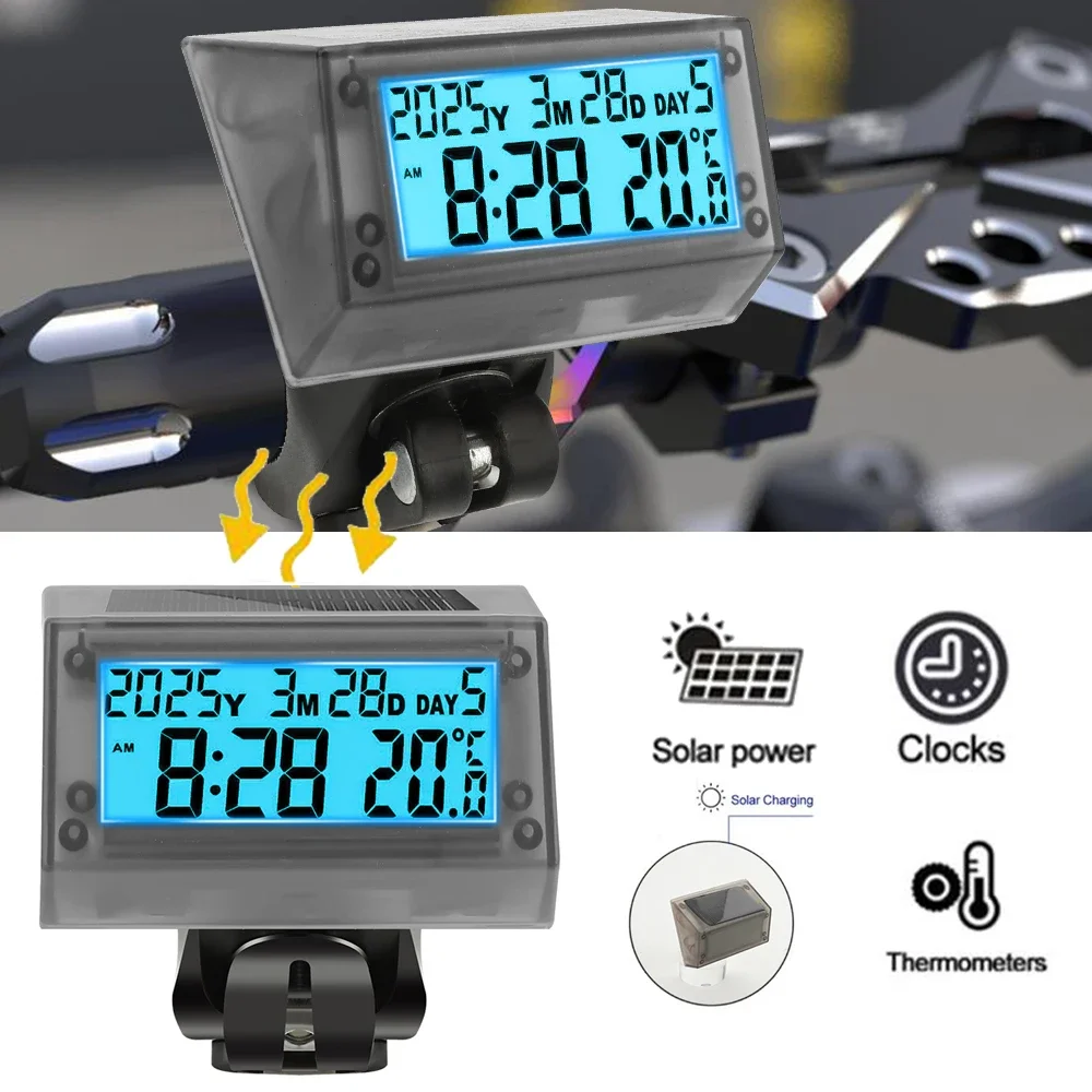 

Solar Power Motorcycle Handlebar Electronic Clock Universal Temperature Time Backlight Display waterproof Motorbike Accessories