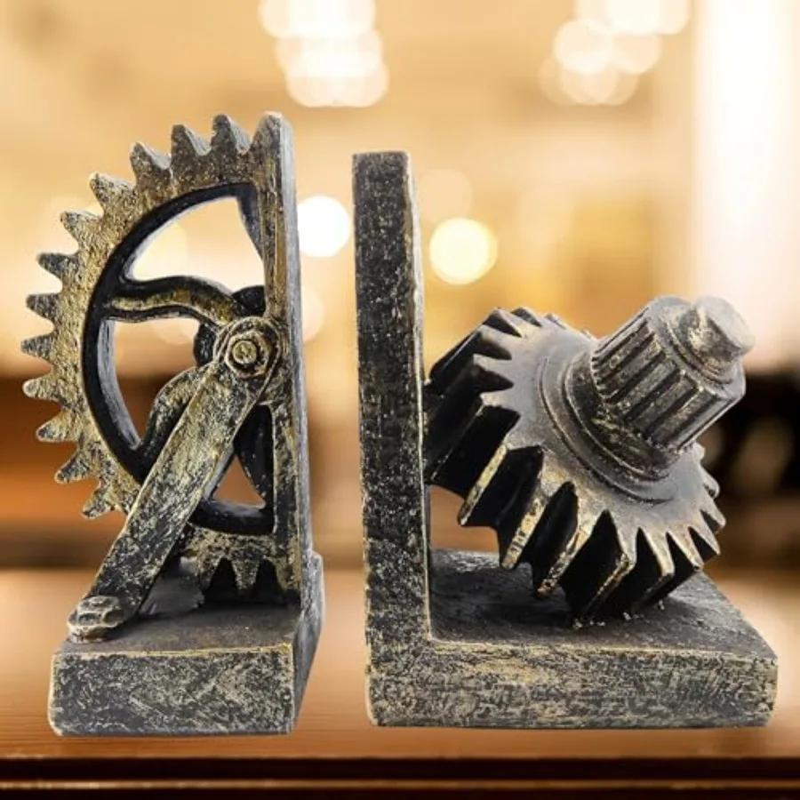 

Decorative Bookend Gear Book Ends Industrial Rustic Vintage Unique Heavy Statues Bookshelves Support Home Decor Accents