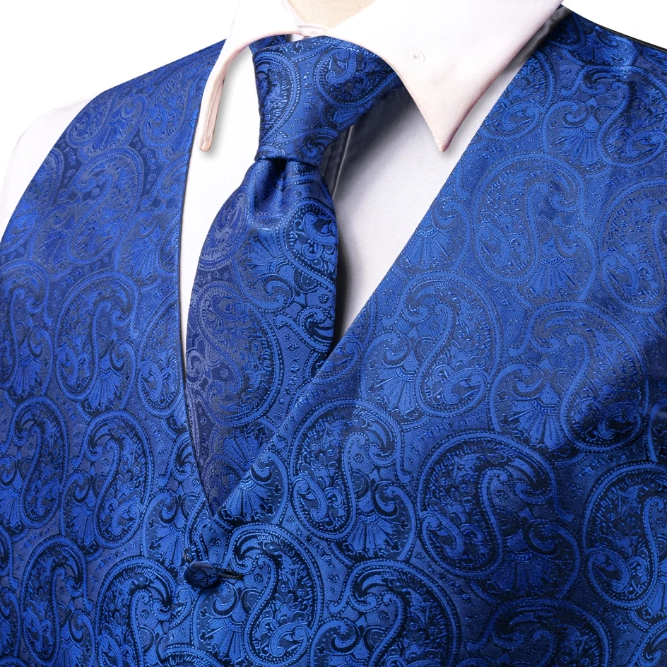Hi-Tie Royal Blue Floral Silk Mens Vest Tie Set Jacquard Waistcoat Sleeveless Jacket Necktie Hanky Cufflinks Wedding Business