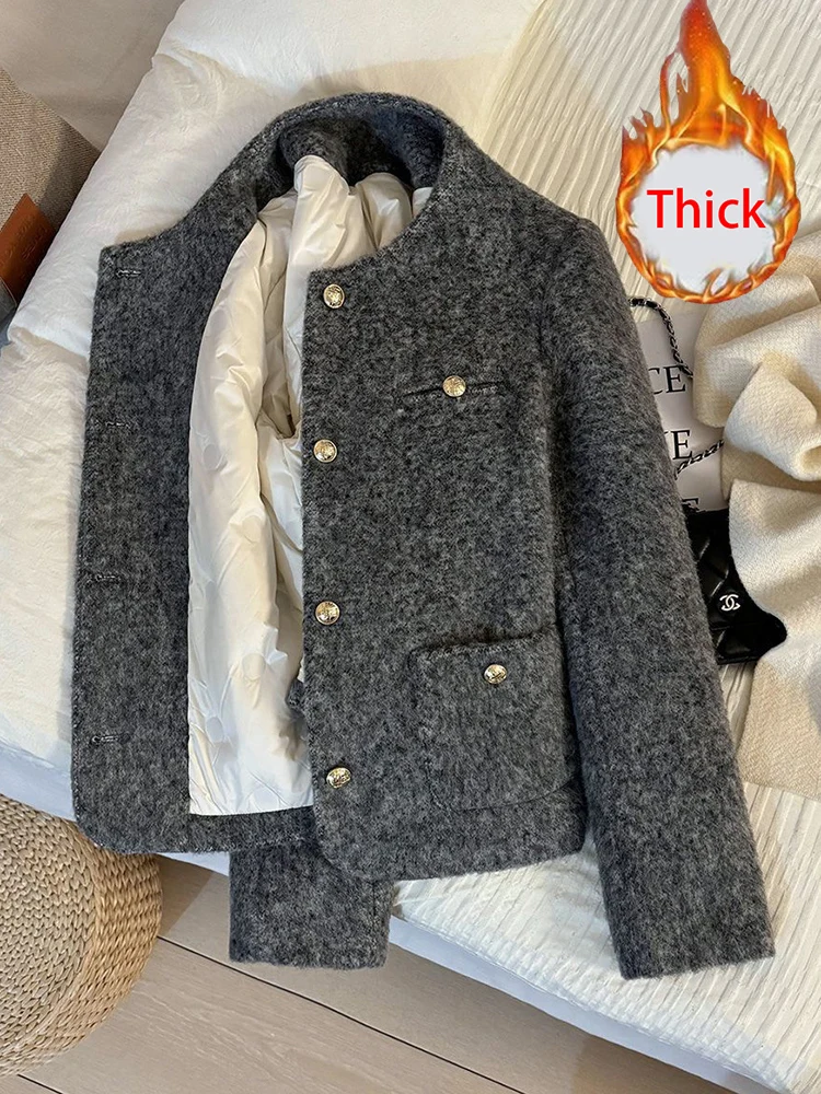 Zoki Winter Faux Woolen Gray Coat Women Vintage Thick Warm Long Sleeve Slim Jacket Casual O Neck Female Korean Elegant Retro Top