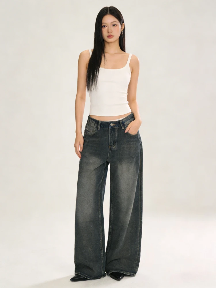 

HOUZHOU Vintage Distressed Jeans Women Y2k Harajuku Blue Washed Denim Pants Grunge American Retro Baggy Trousers Streetwear