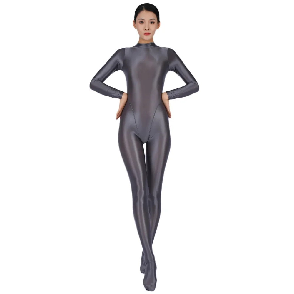 Sexy Women Candy Color Jumpsuit High Elastic Slip Satin Shiny Bodysuit Skinny Slimming Tights Full Body Leotard Shaper Wear